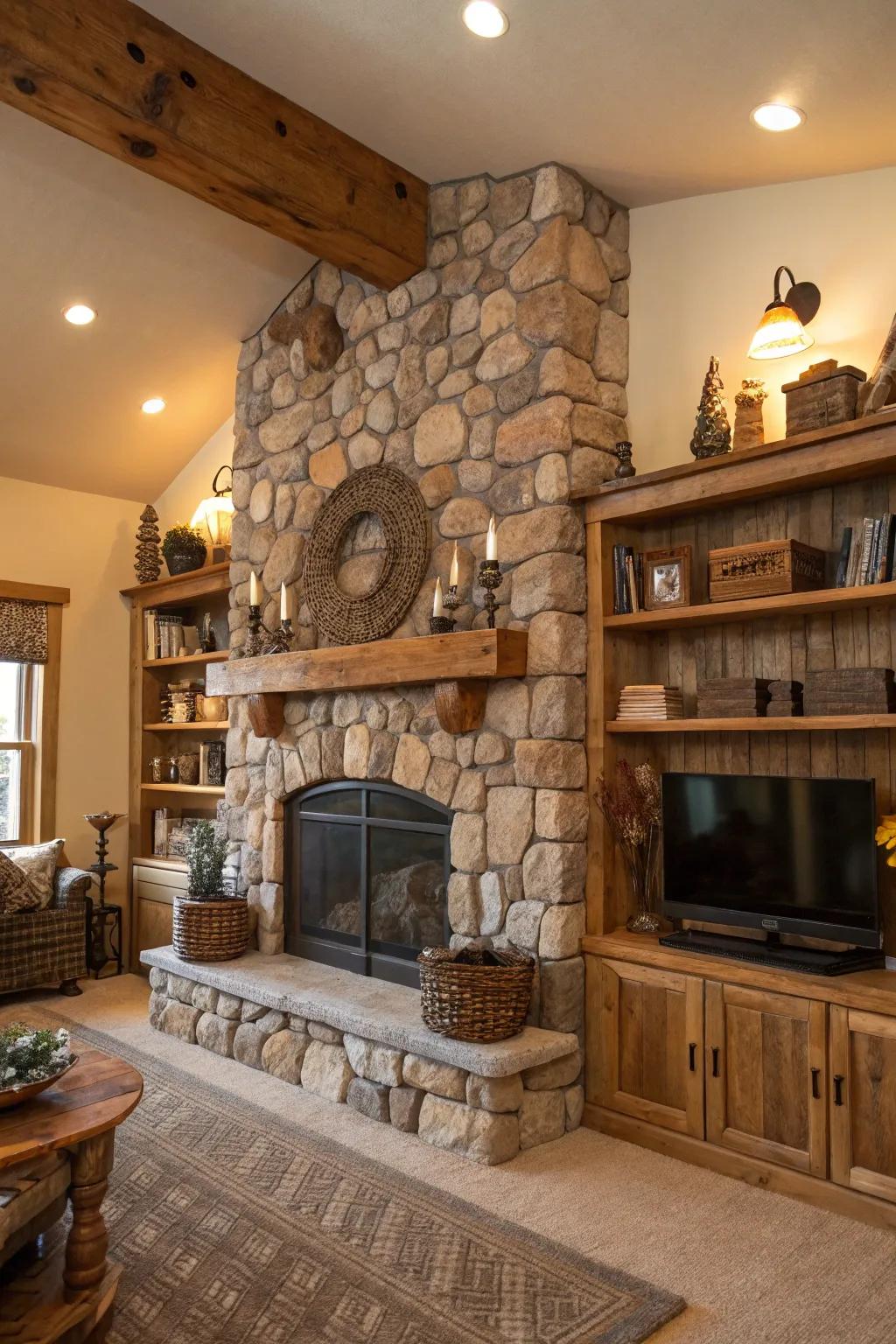 Rustic charm with wooden shelves and a cozy stone fireplace.
