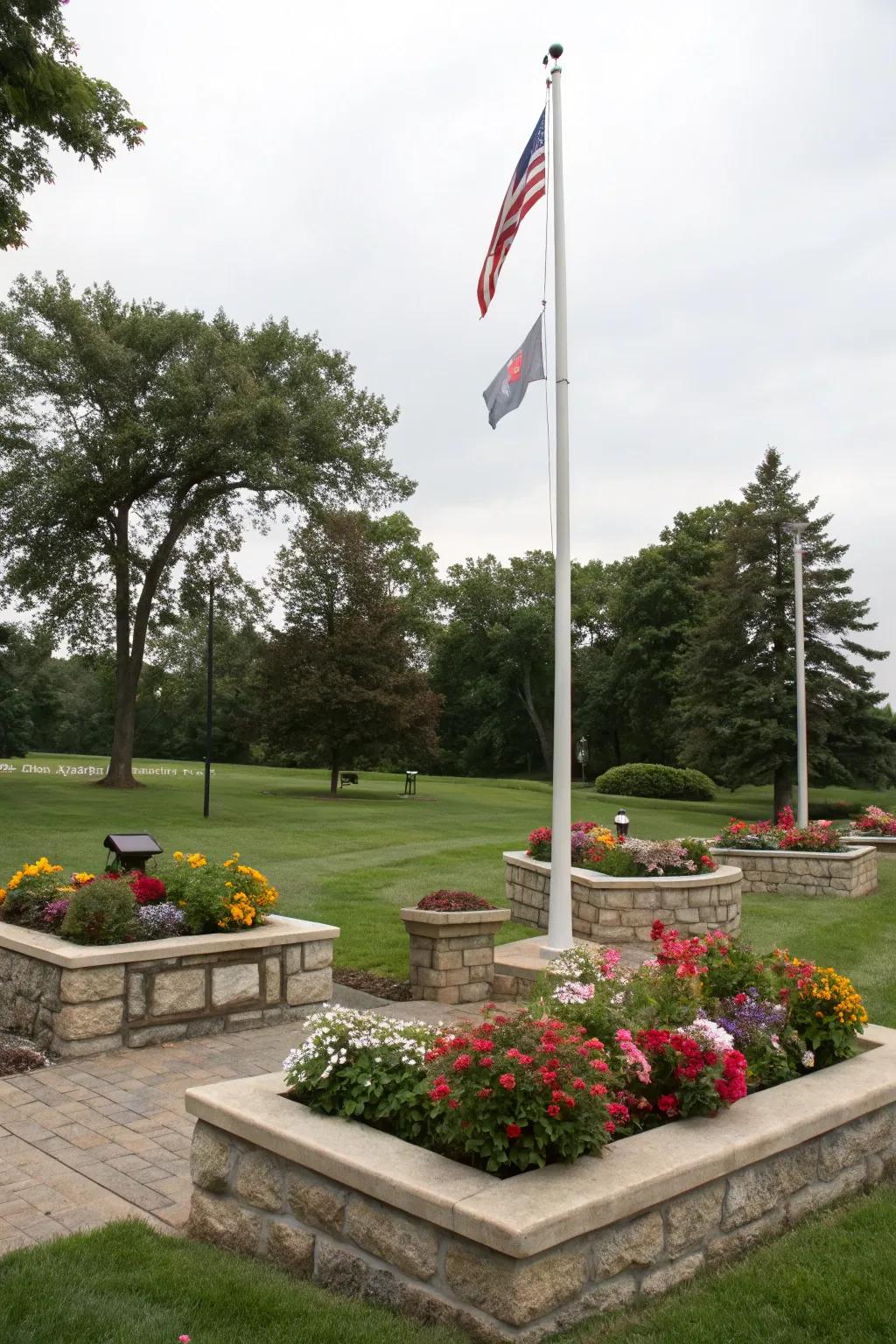 Raised flower beds lend a structured elegance to a flagpole.