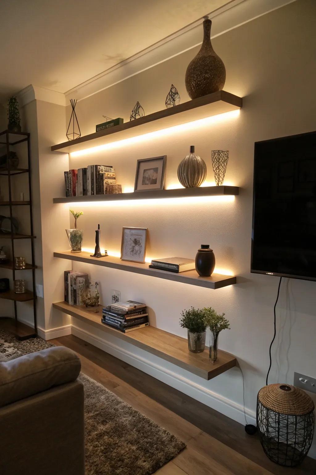 Subtle lighting enhancing floating shelves