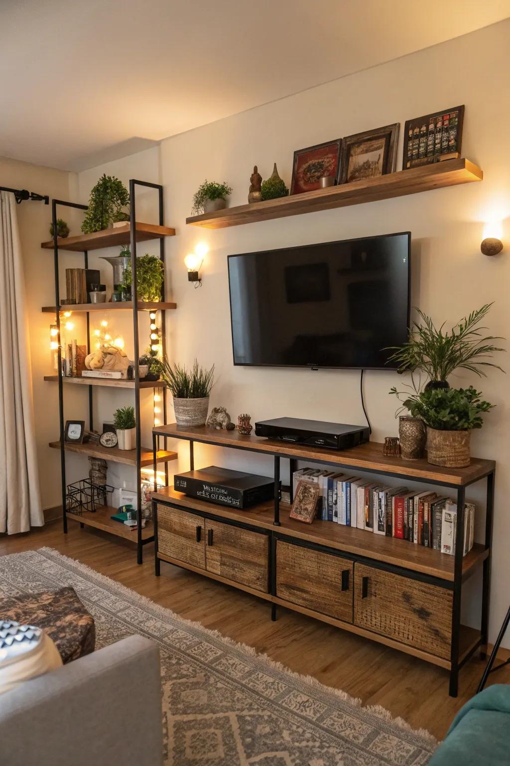 Make the most of space with tall floating ledges around your TV.