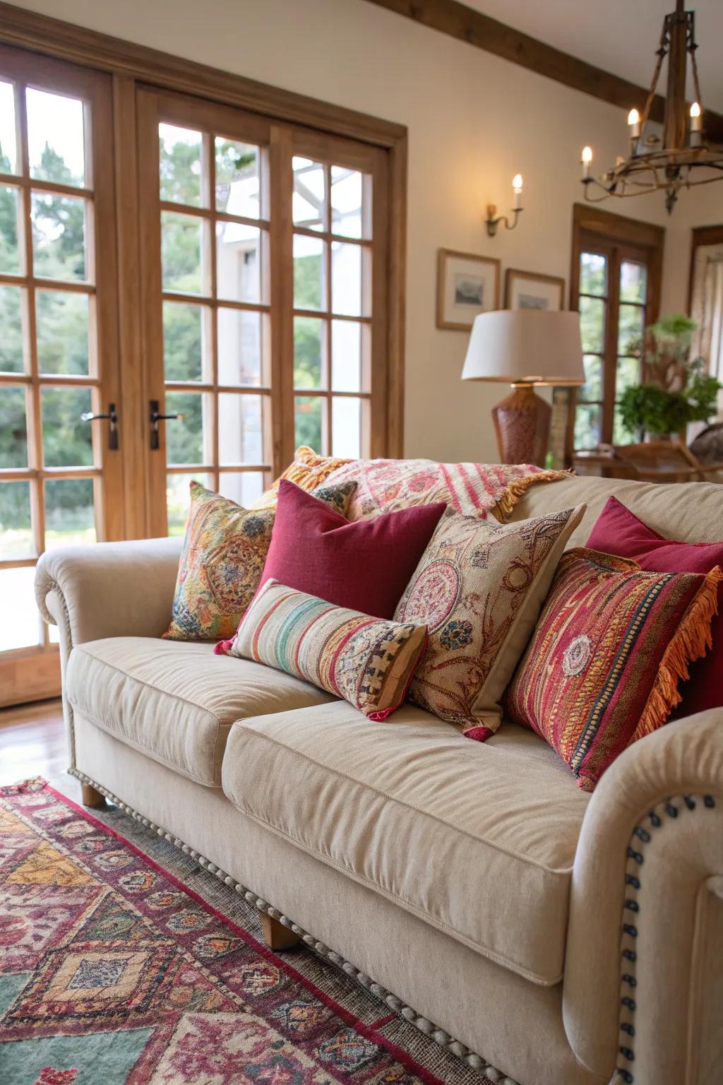 A living room featuring a plush sofa with abundant cushions.