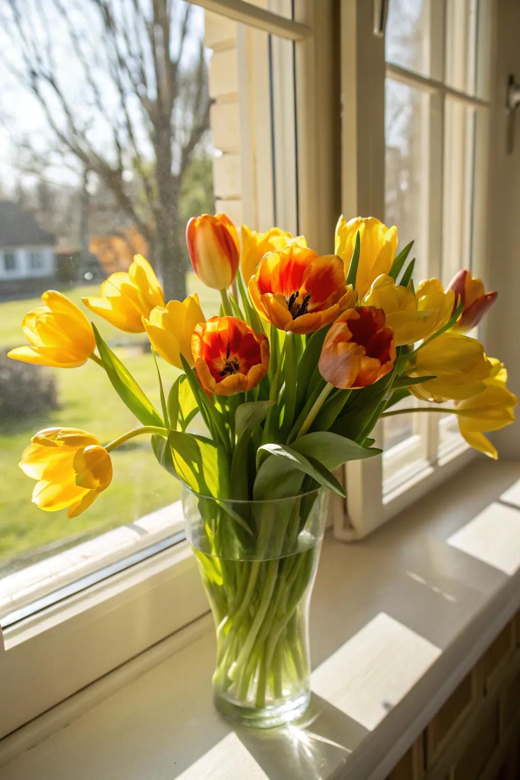 An exuberant tulip display designed to brighten any occasion.