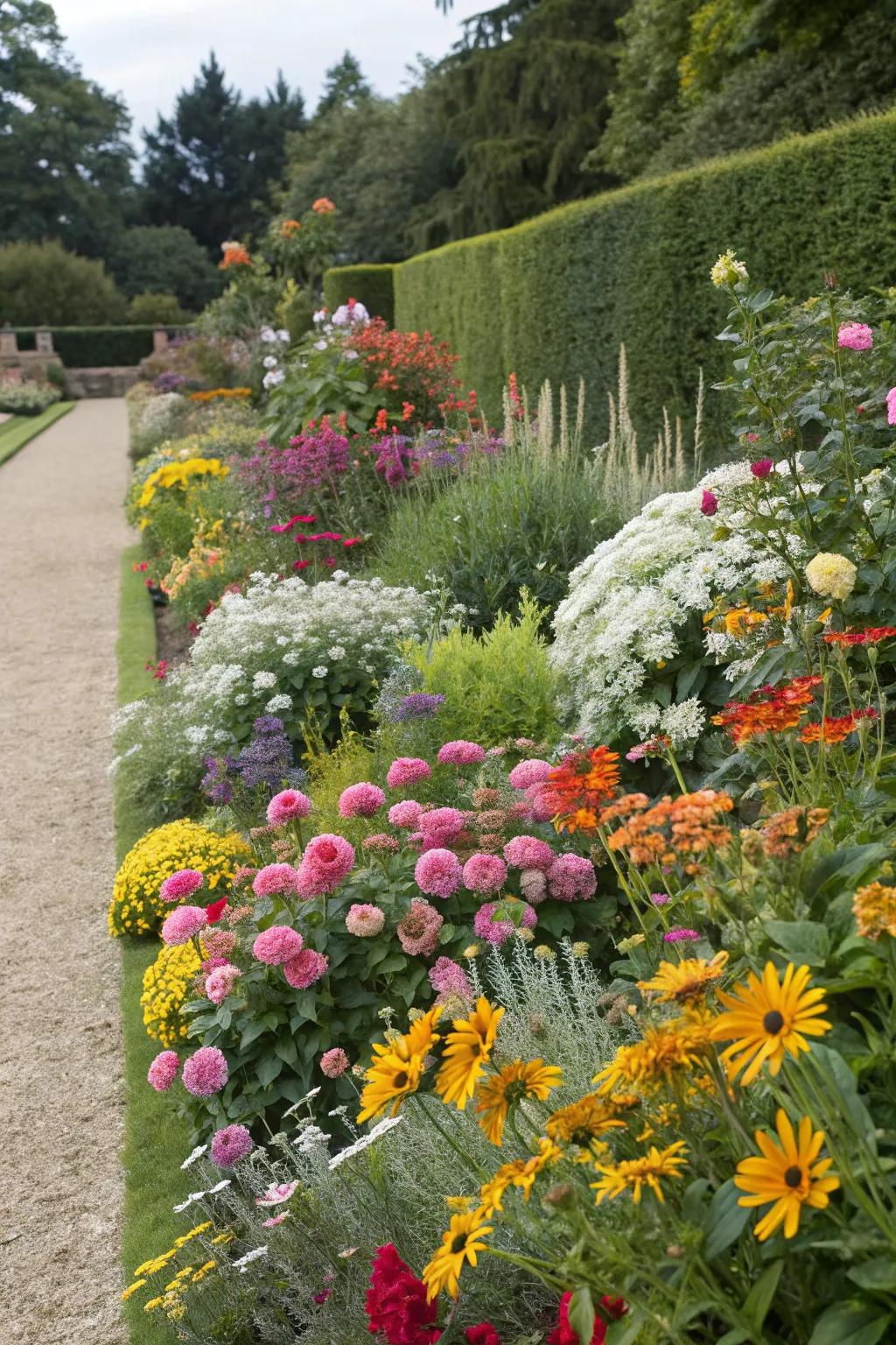 A lively flower border showcasing blooms for each season, ensuring year-round interest.