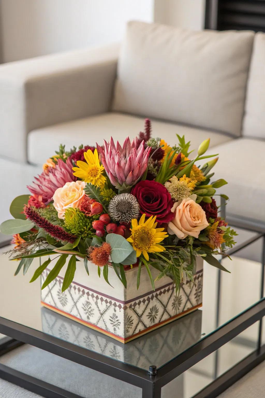 A unique boxed flower arrangement delivering an elegant birthday delight.