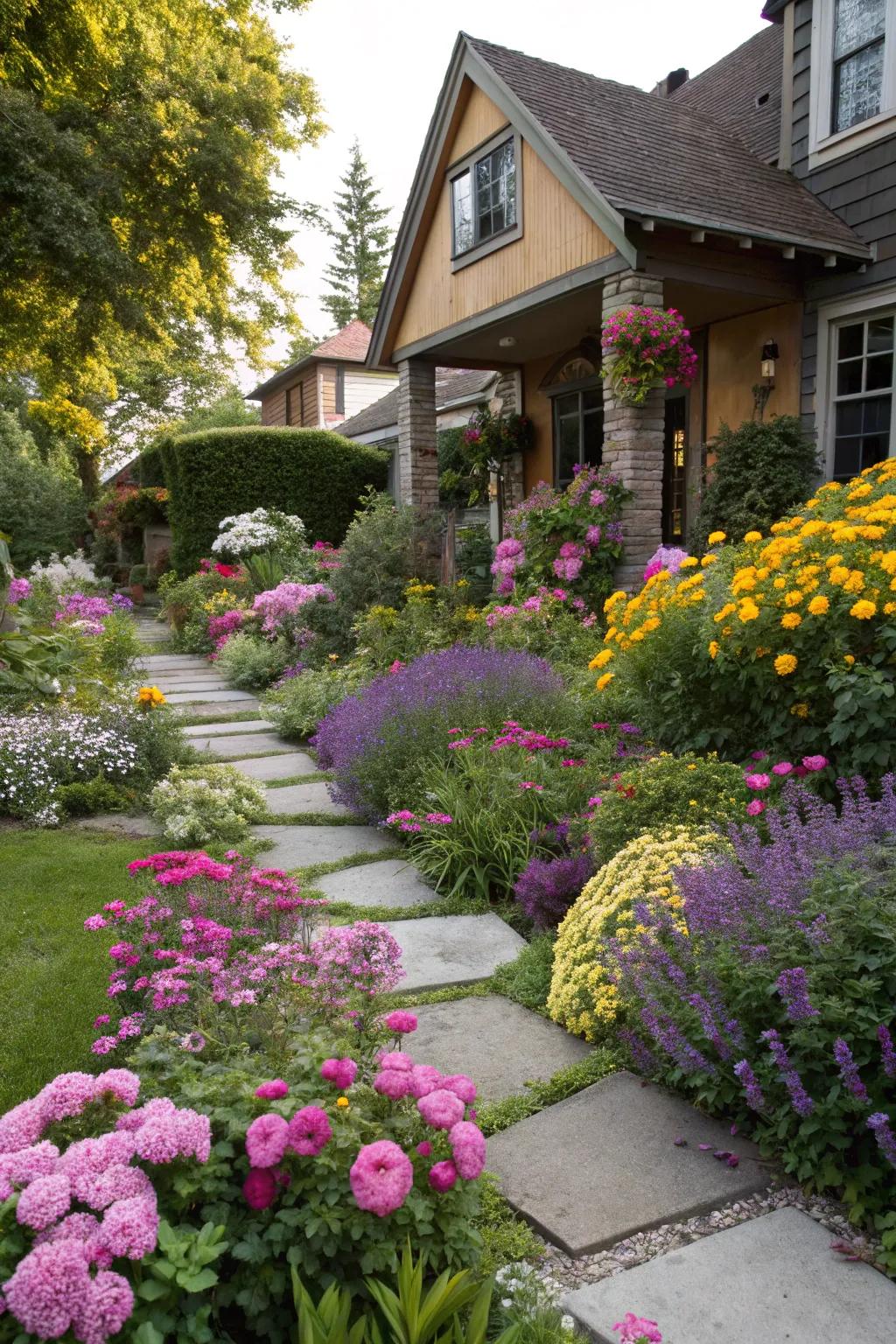 An inviting front yard garden that significantly enhances curb appeal.