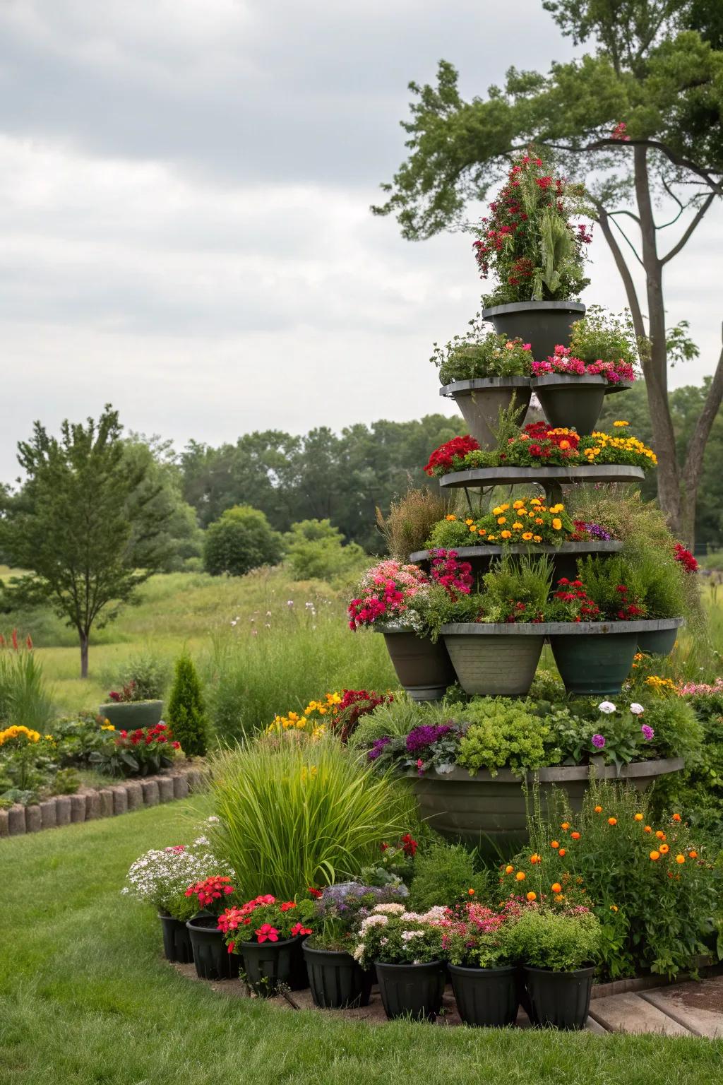 Graduated flower pots enhancing the garden's depth and intrigue.