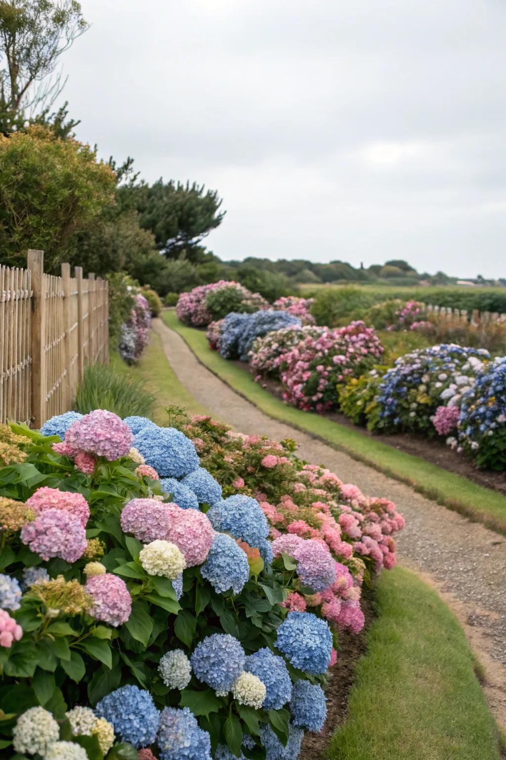 Hydrangeas adding lively colors and abundant texture to the garden.