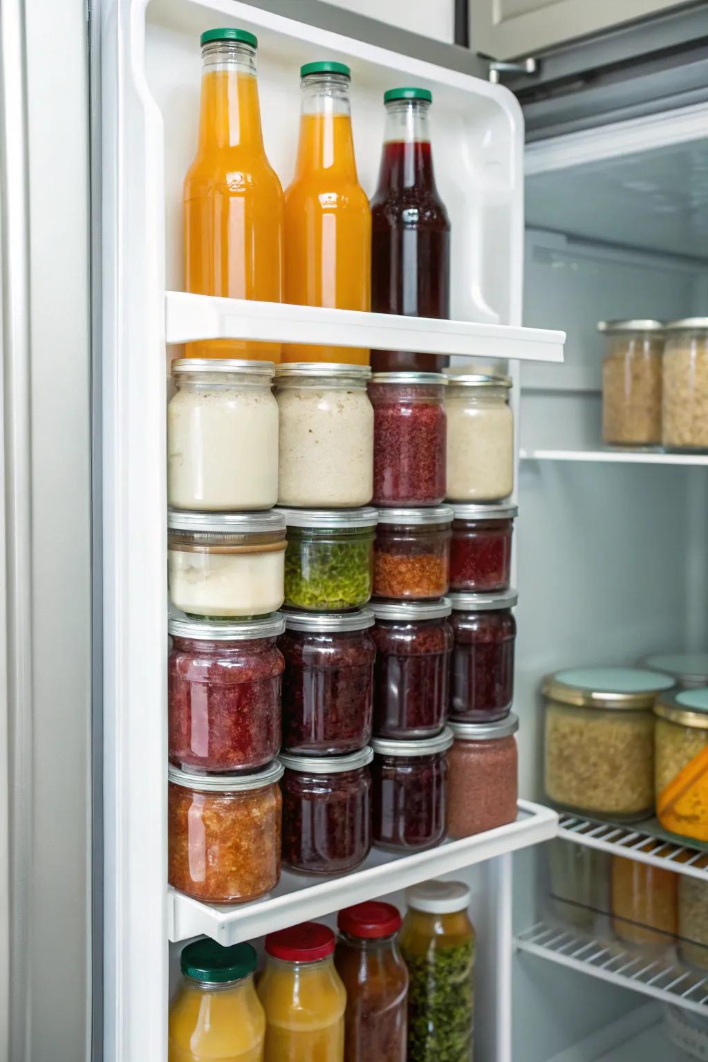 Vertical stacking of jars and bottles for space efficiency.