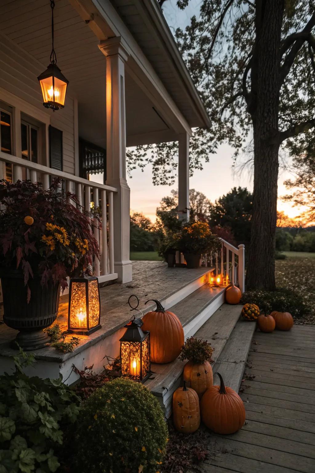Beacons impart a cozy glow to evening porch exhibits.