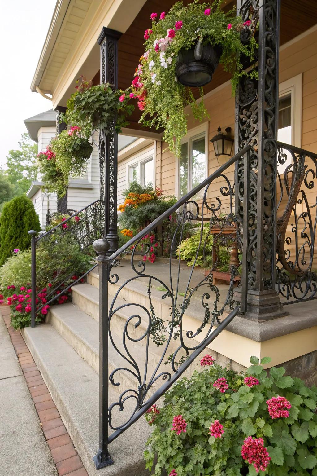 Nature-inspired wrought iron railings that blend seamlessly with the garden.