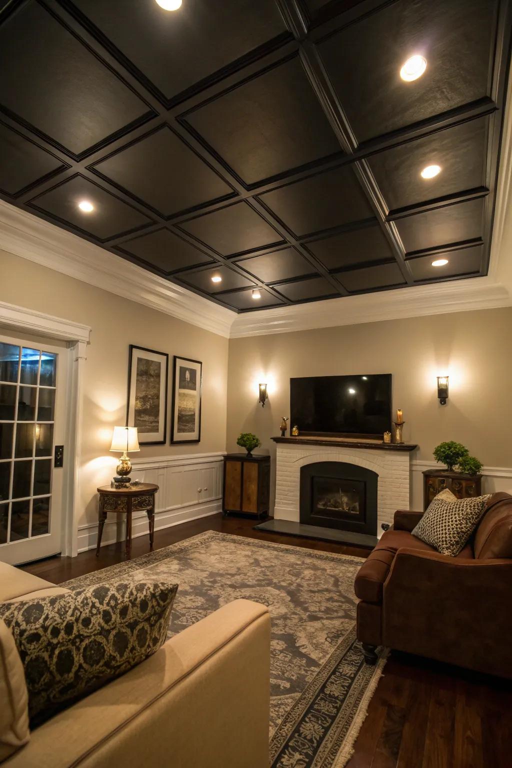 A dark ceiling paired with light walls creates a cozy and inviting ambiance.