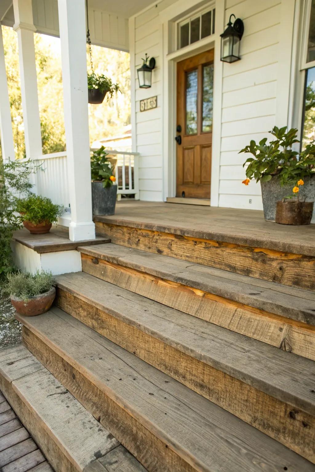Wooden overlays imbue rustic charm into your front steps.