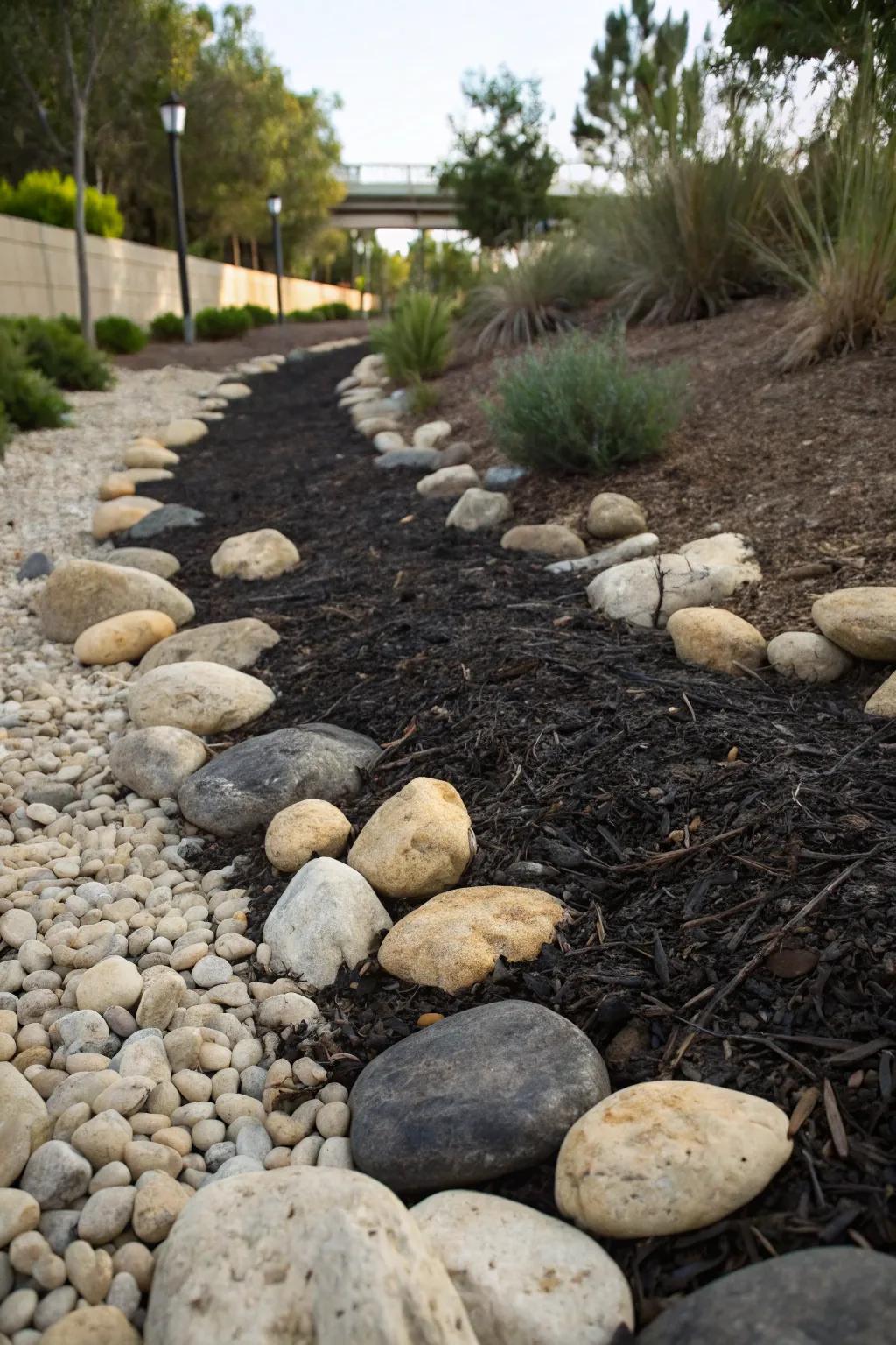 Juxtapose stones with dark mulch to achieve a bold creek bed aesthetic.