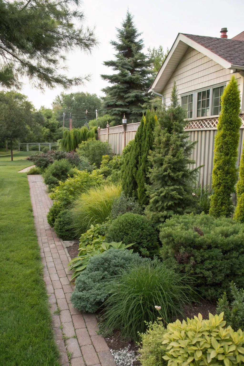 Stratified evergreens contribute dimension and aspect to the landscape.