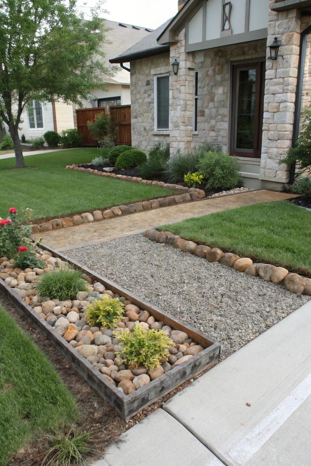 Defined borders with stones and metal edging create a polished look.