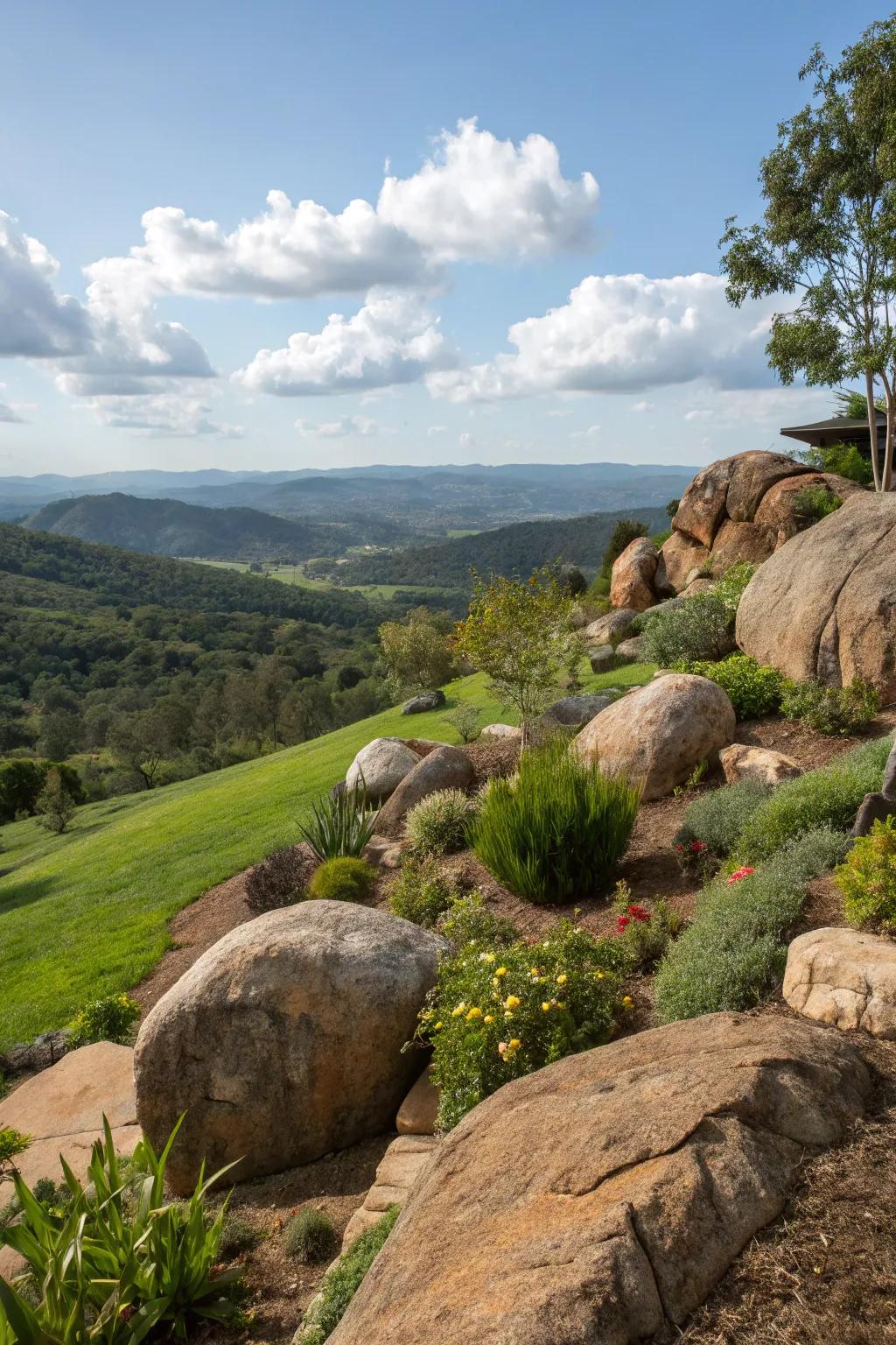 Natural elements provide stability and visual interest to your slope.