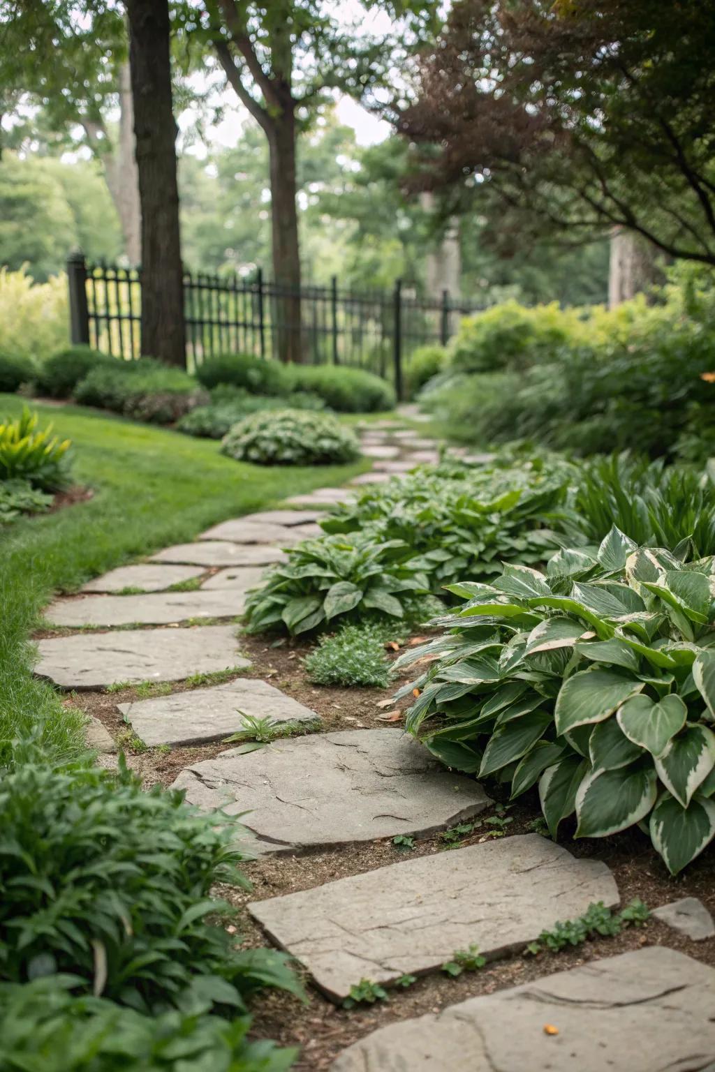 Rock pathways introduce elegance and structure to leafy glories gardens.