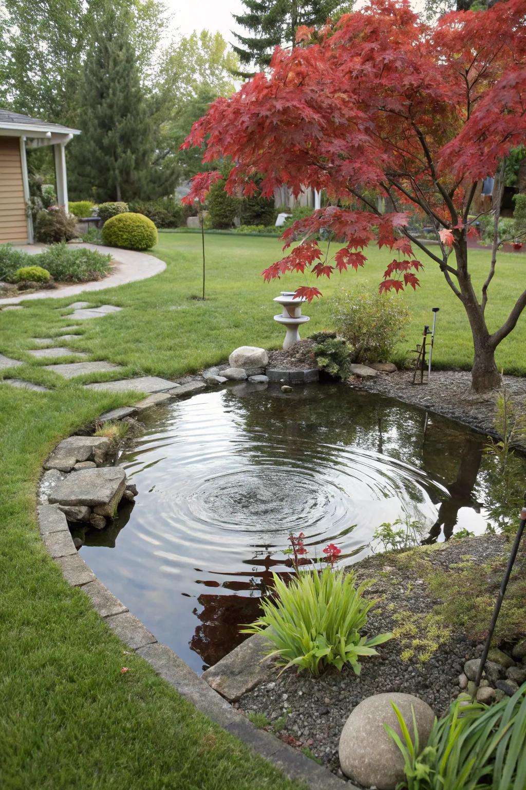 A serene pond enhances the tranquil beauty of the Japanese maple in this front yard.