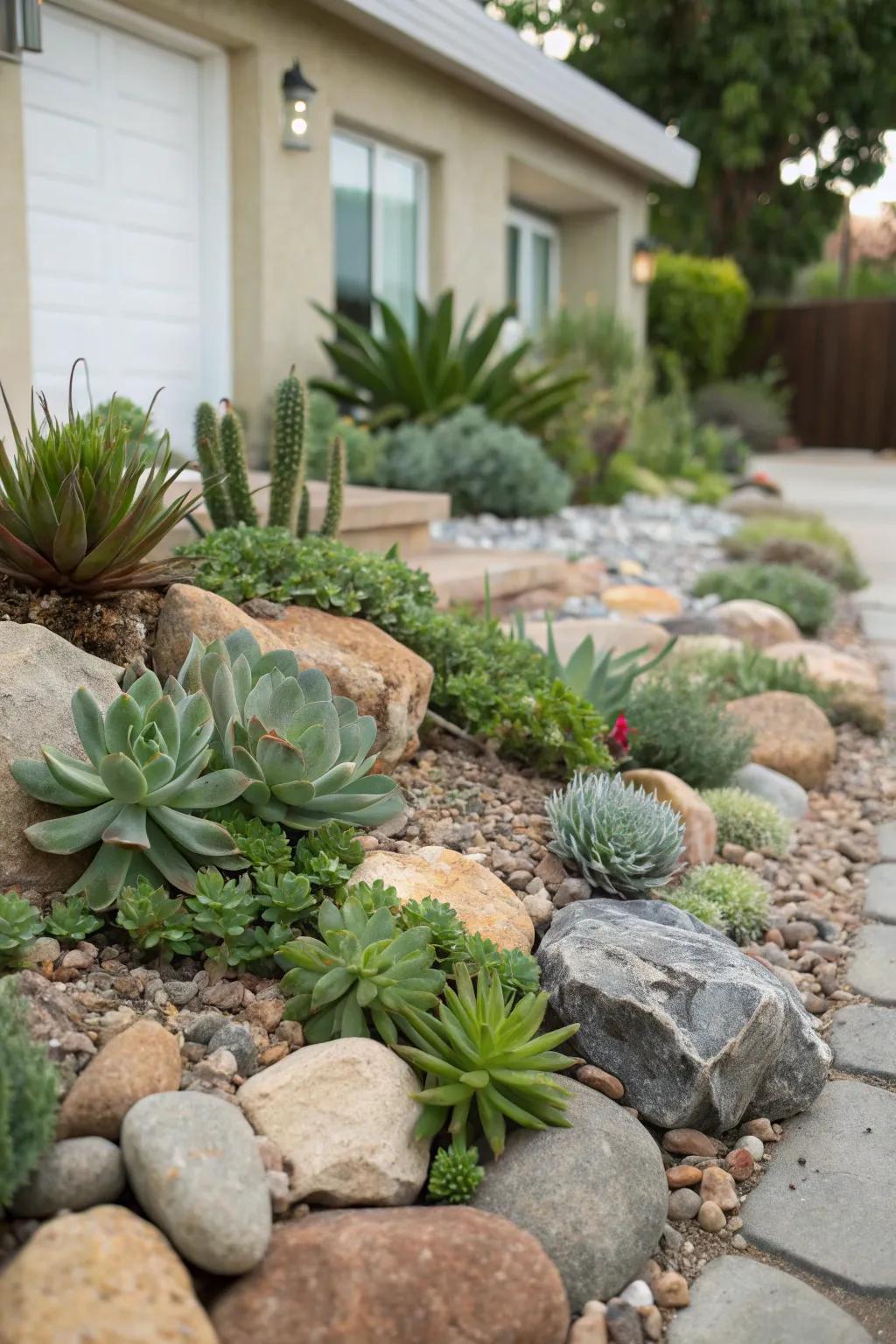 A rock garden with succulents and stones, creating a landscape that needs little maintenance.