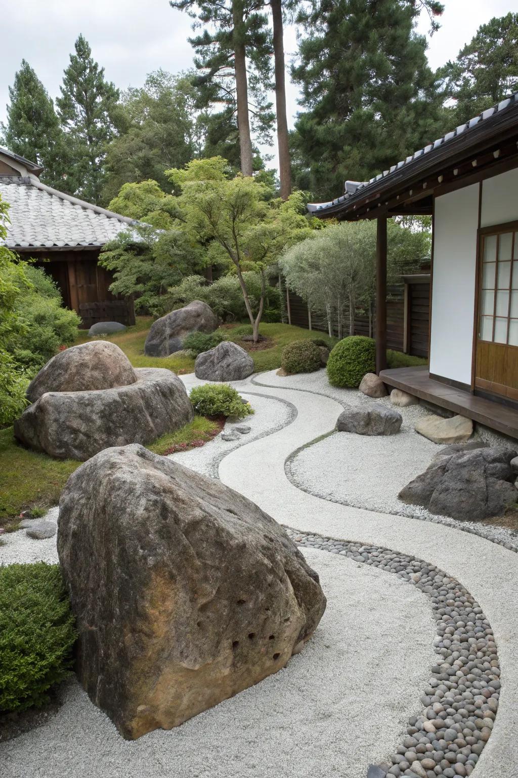 A simple yet striking modern front yard with boulders.