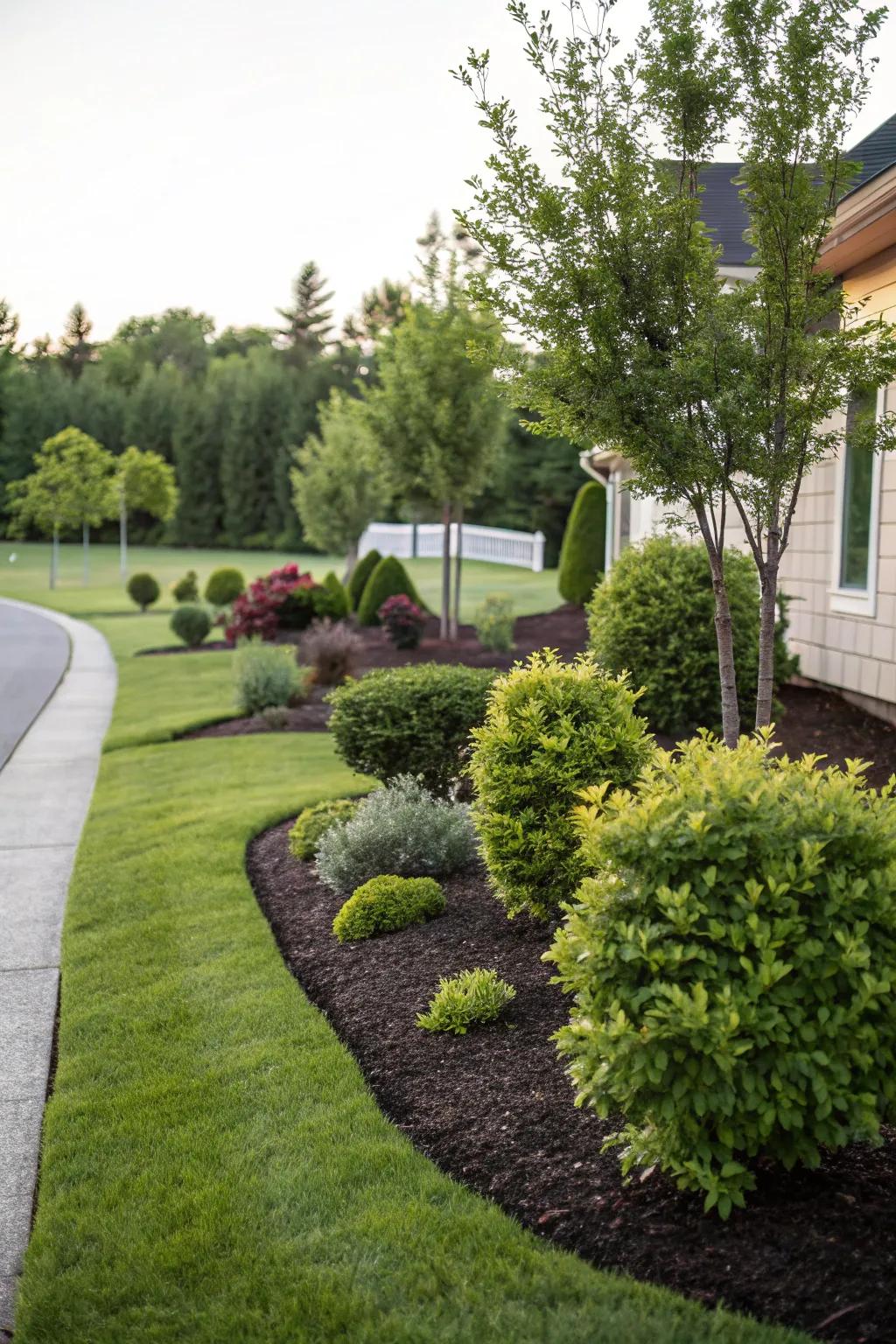 Mulch beds with bushes impart a spontaneous and orderly visage to your front yard.