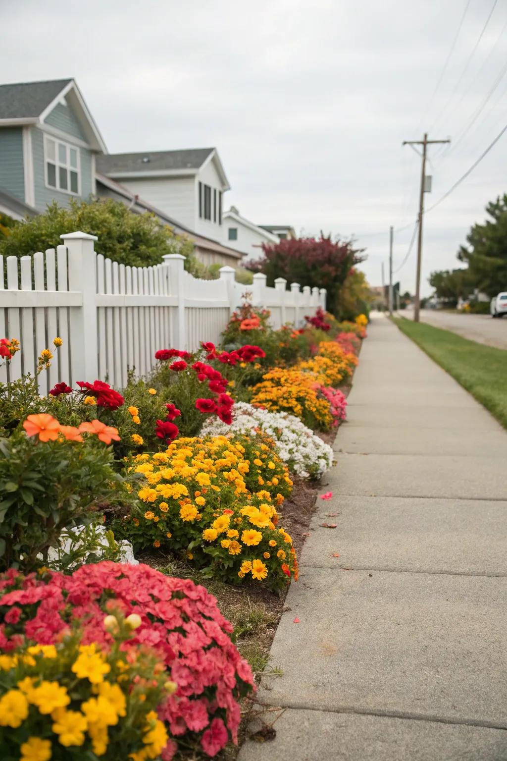 Flower beds bring color and charm to a front yard sidewalk.