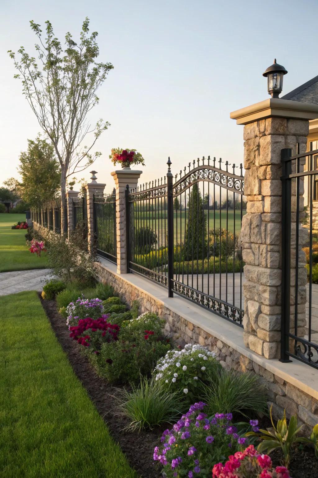 A forged metal barrier combined with stone pillars for a classic aesthetic.