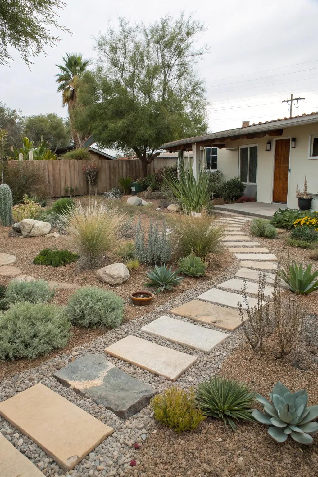 Clearly defined paths contributing structure and allure to a xeriscaped garden.