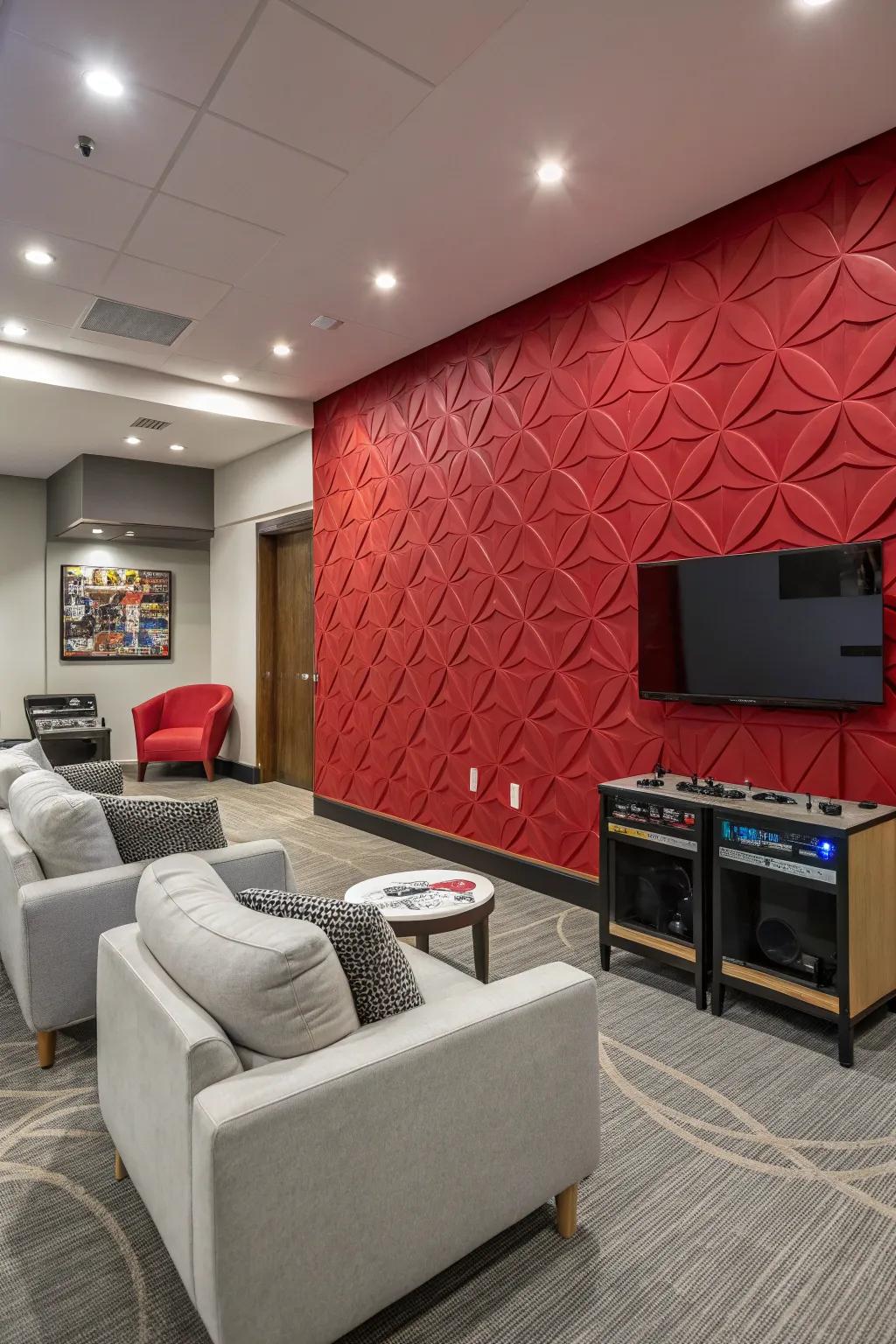 An accent wall in red brings excitement and boldness to your game room.