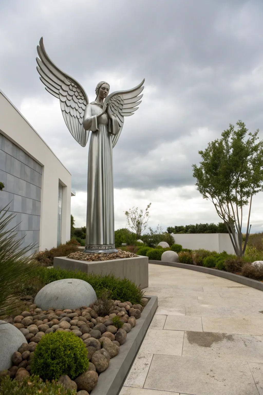A streamlined metal angel imparts a sense of modern elegance.