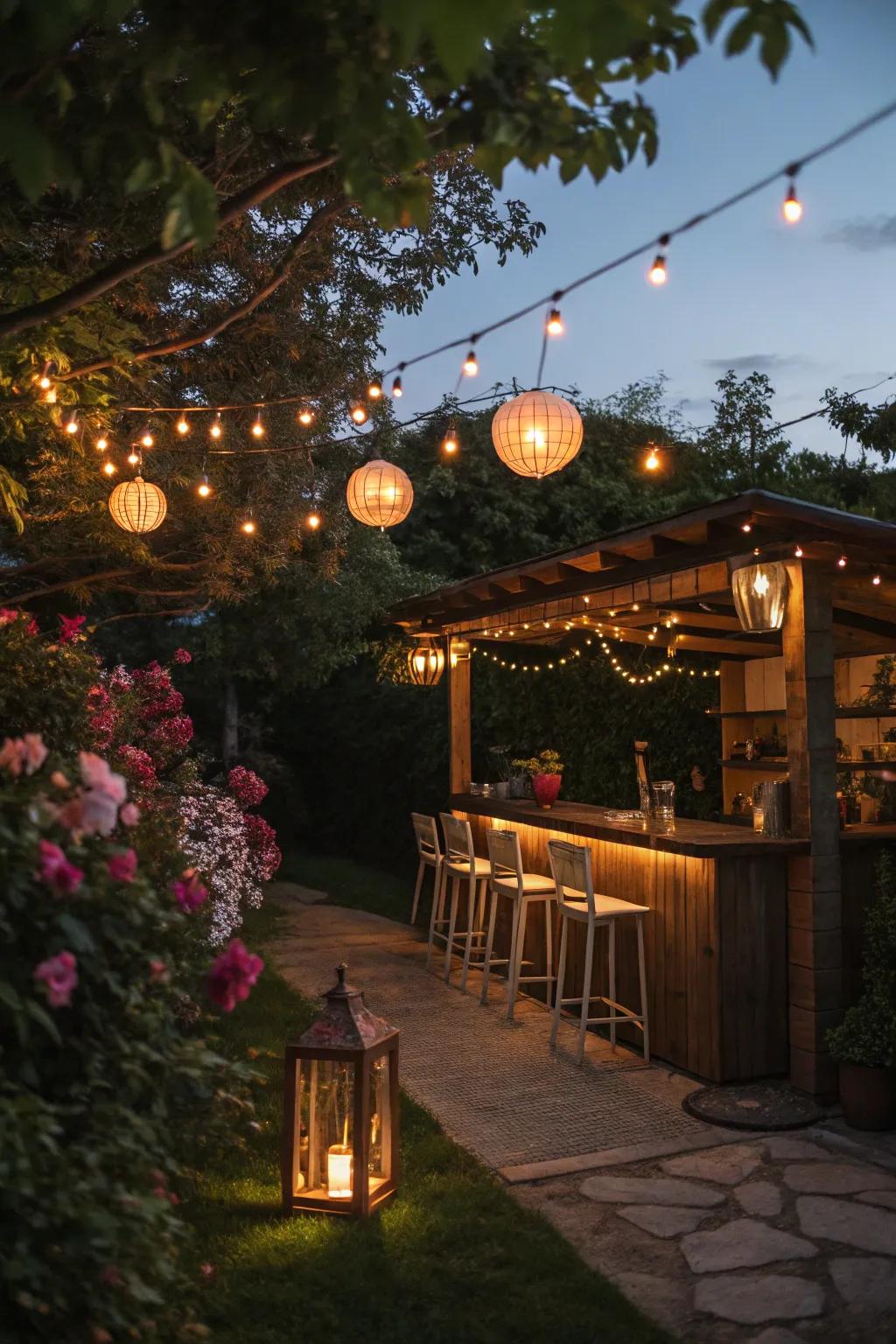 A garden bar glowing with ambient lighting.