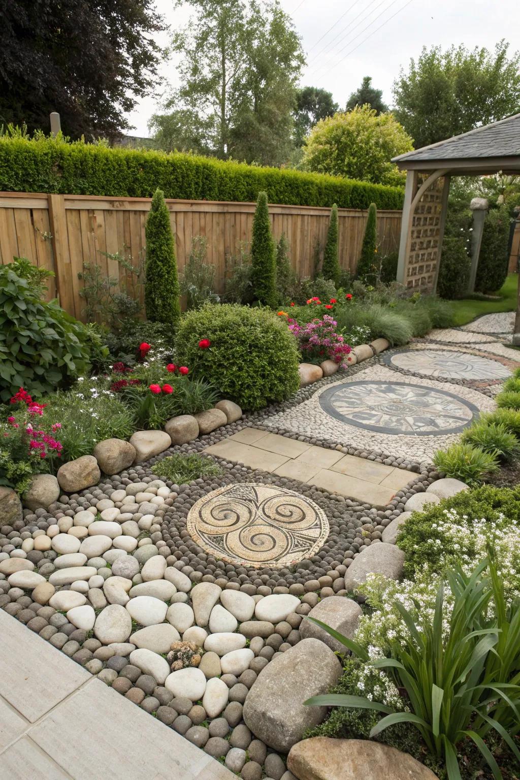 Ornamental stone embellishments crafting captivating arrangements in a garden.