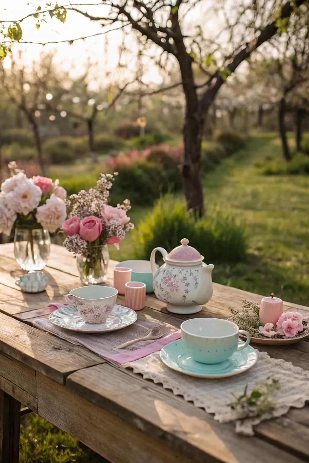 Rustic wooden elements add warmth and charm to the garden setting.