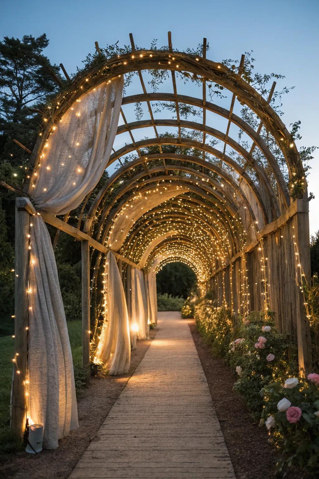 Step into enchantment: A cozy evening under the glow of fairy lights in your minimalist garden tunnel.