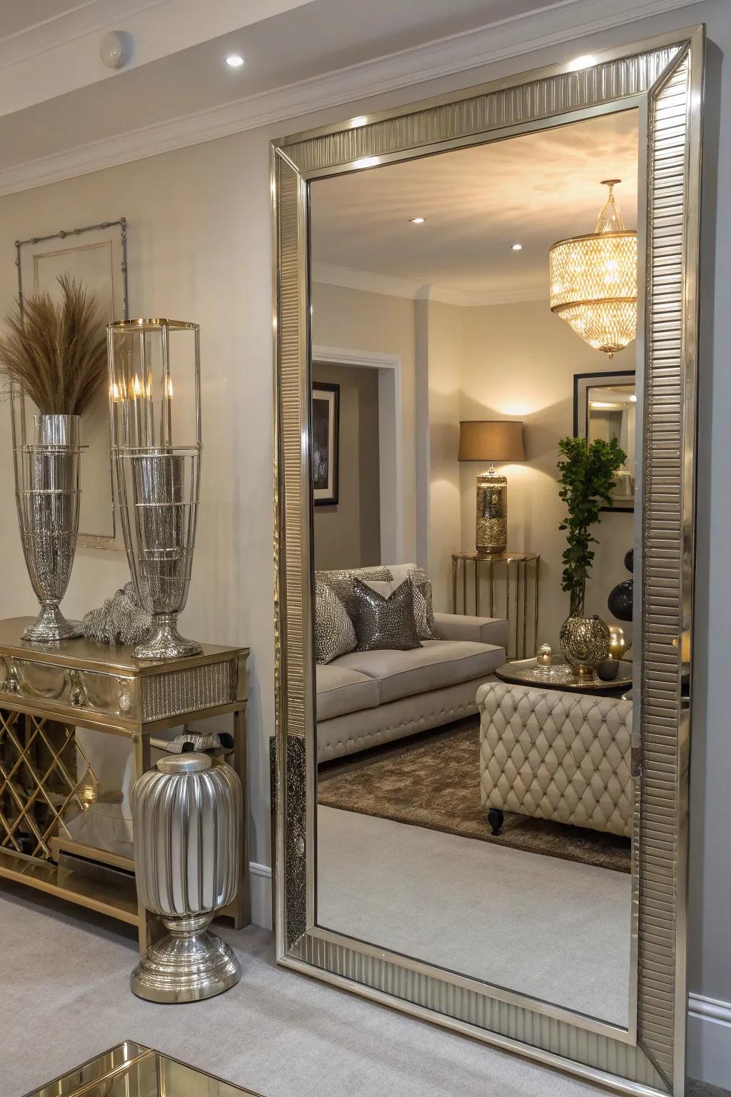 Mirrors and metallics enhance the illumination and space within a glamorous living space.