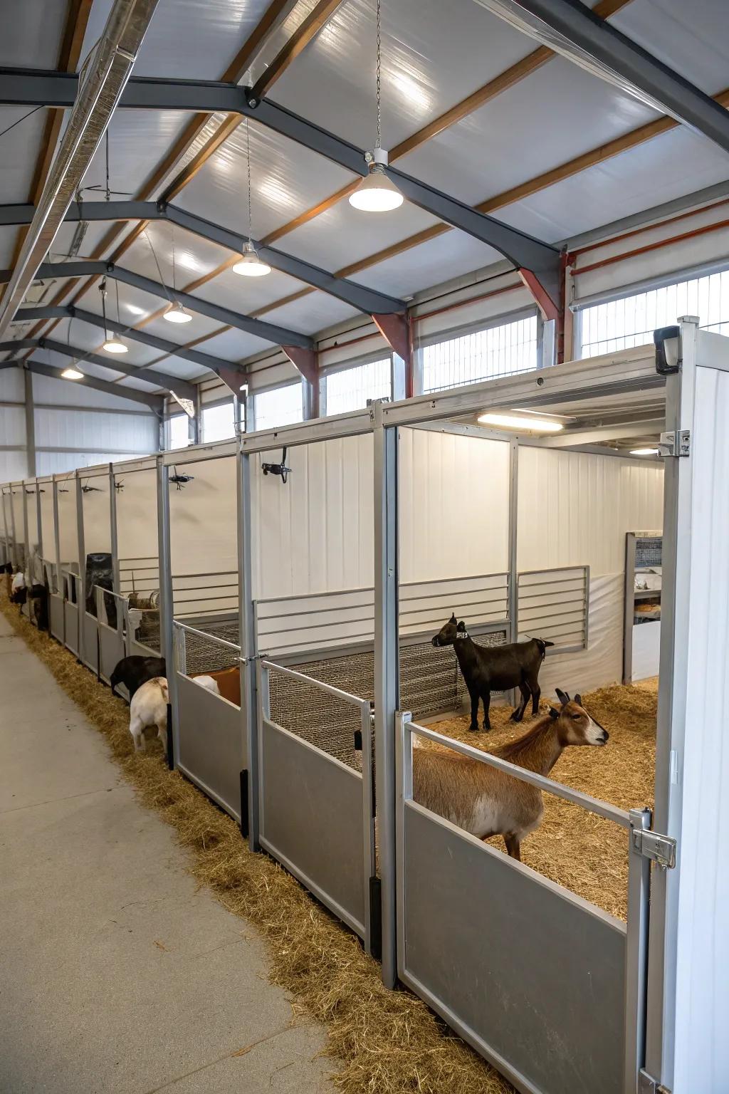 A modular goat barn featuring adjustable pens for flexibility.