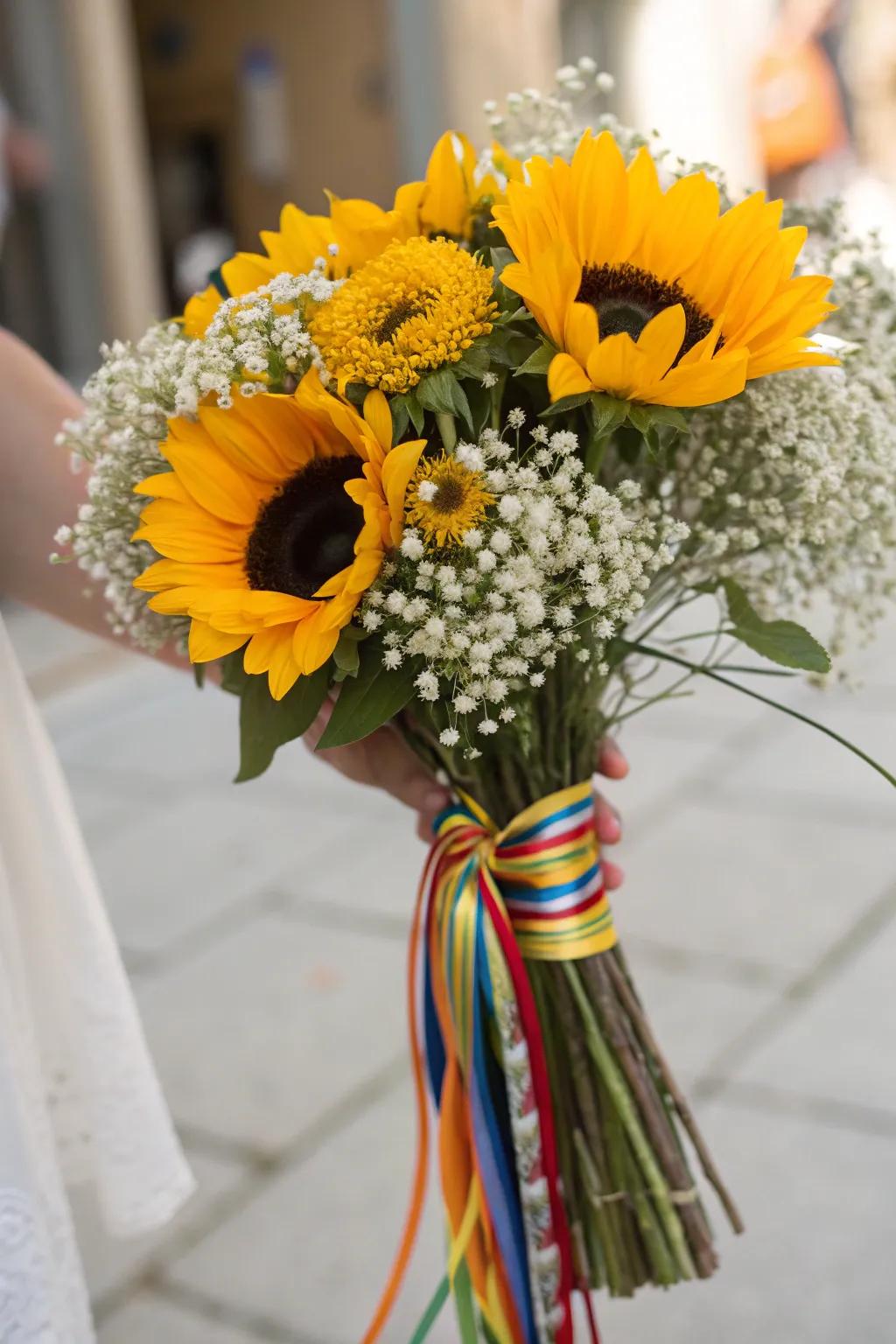 A spirited sunflower bouquet perfect for commemorating graduation.