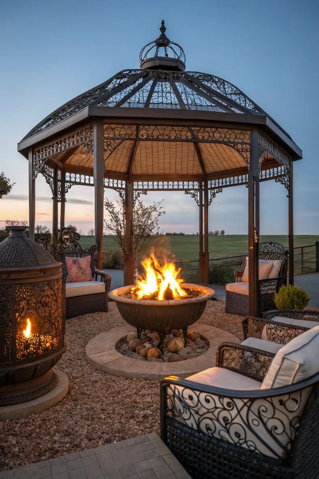 Ignite warmth and memories with a central fire pit in your grain bin gazebo.
