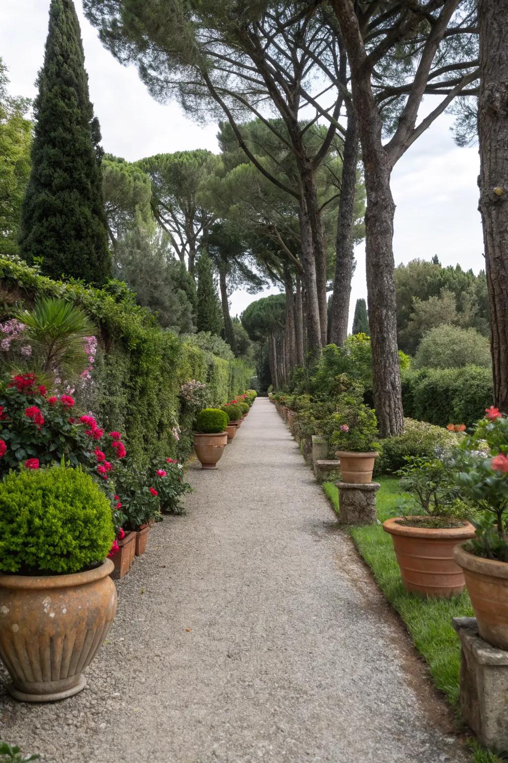 A gravel path elegantly bordered with diverse pots.