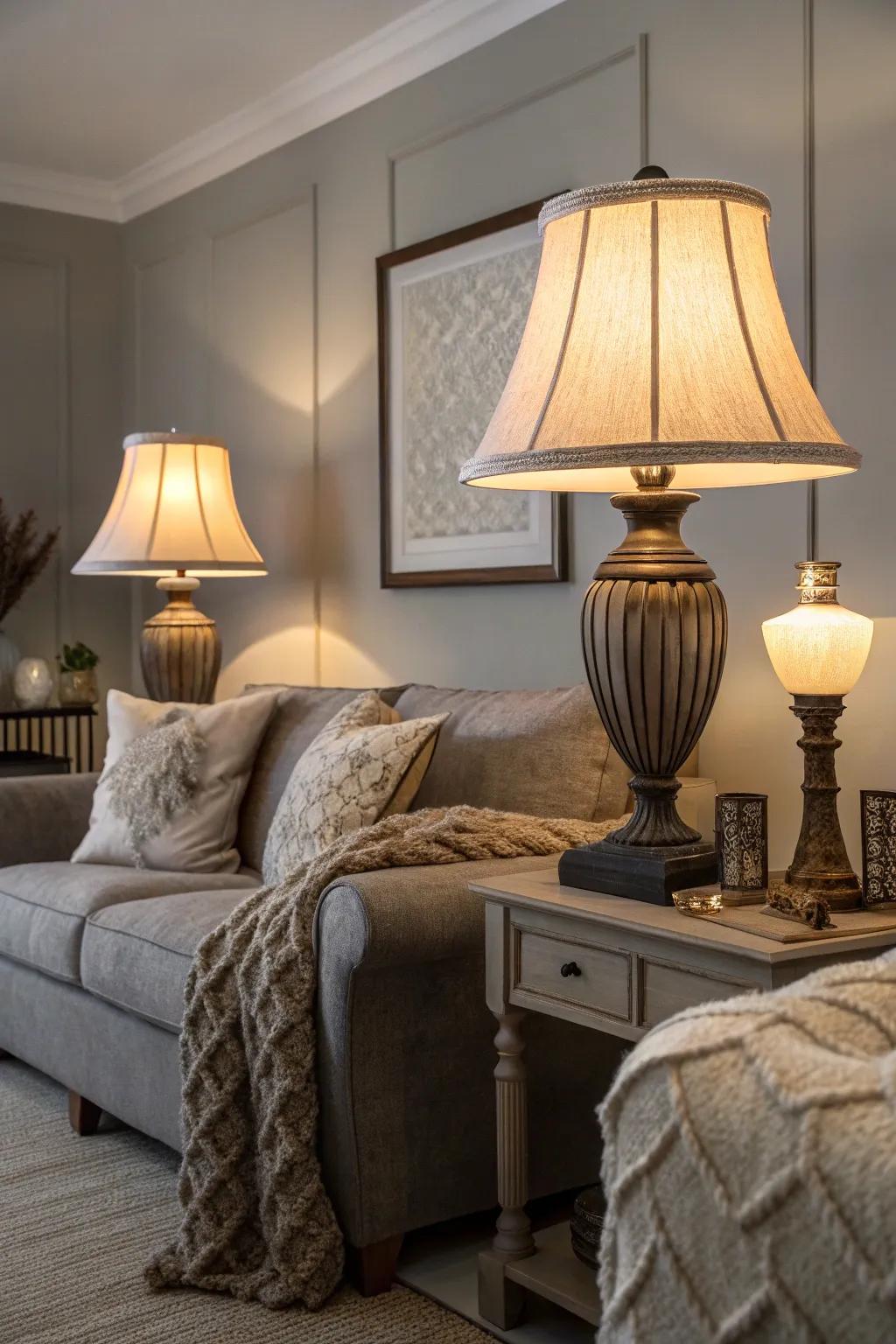 Warm lighting brings out the coziest aspects of a gray room.