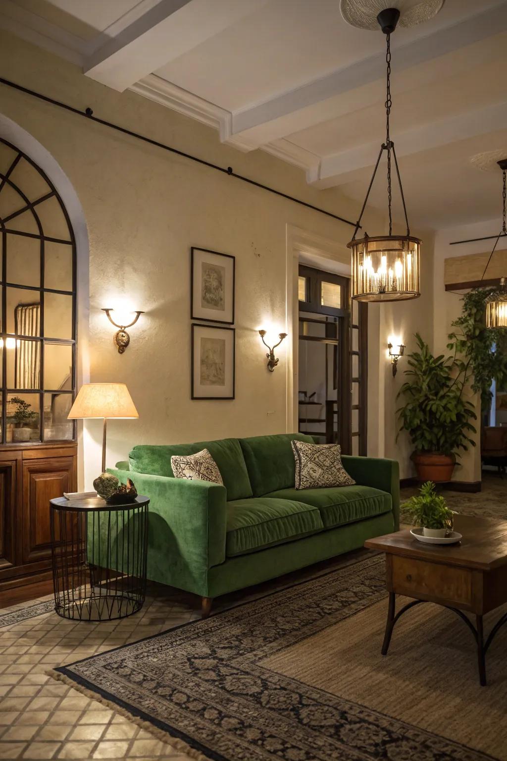 Harmonized illumination enhances the visual allure of a green couch while setting the mood for the room.