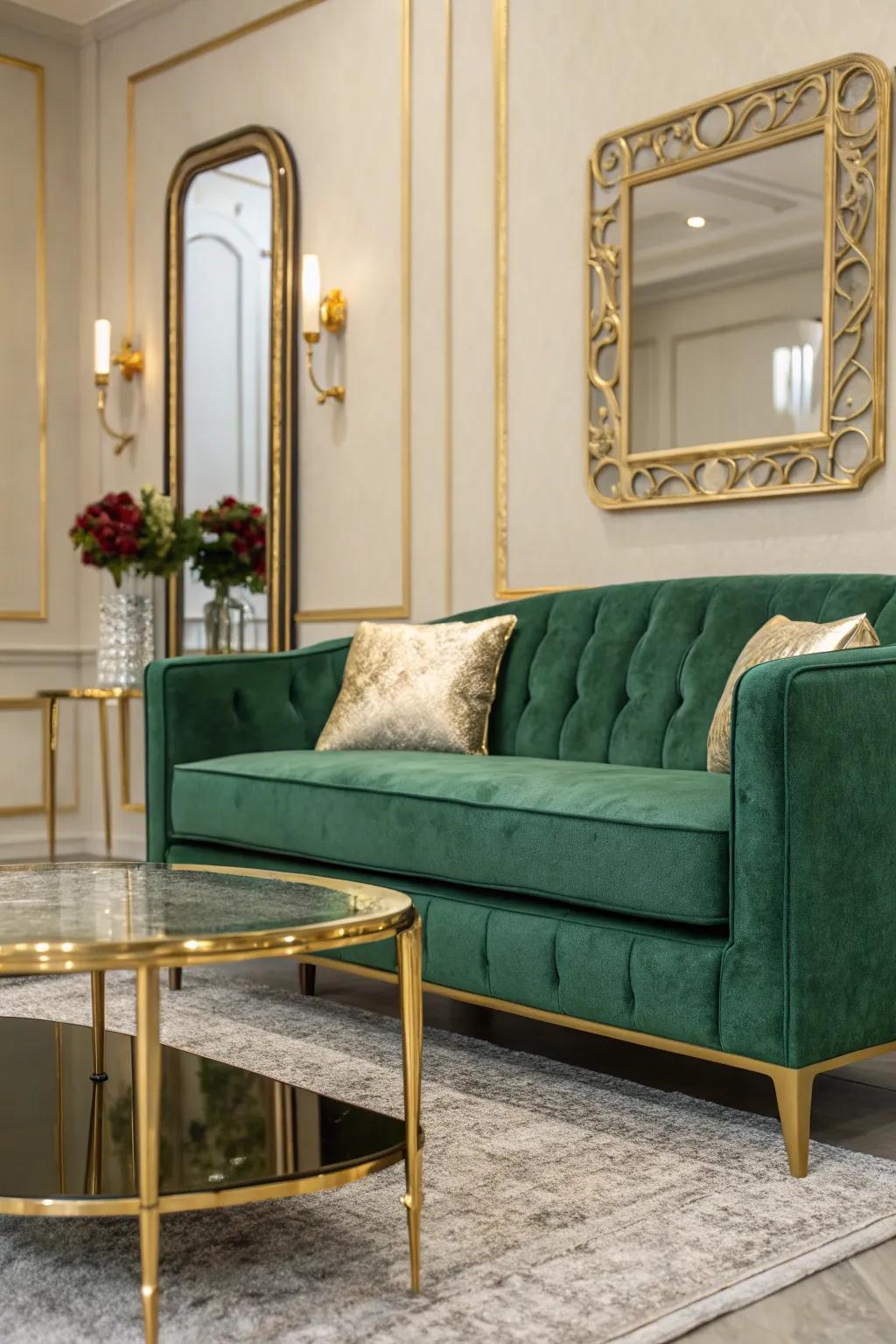 A deluxe living space fitted with an emerald plush sofa and golden accents.