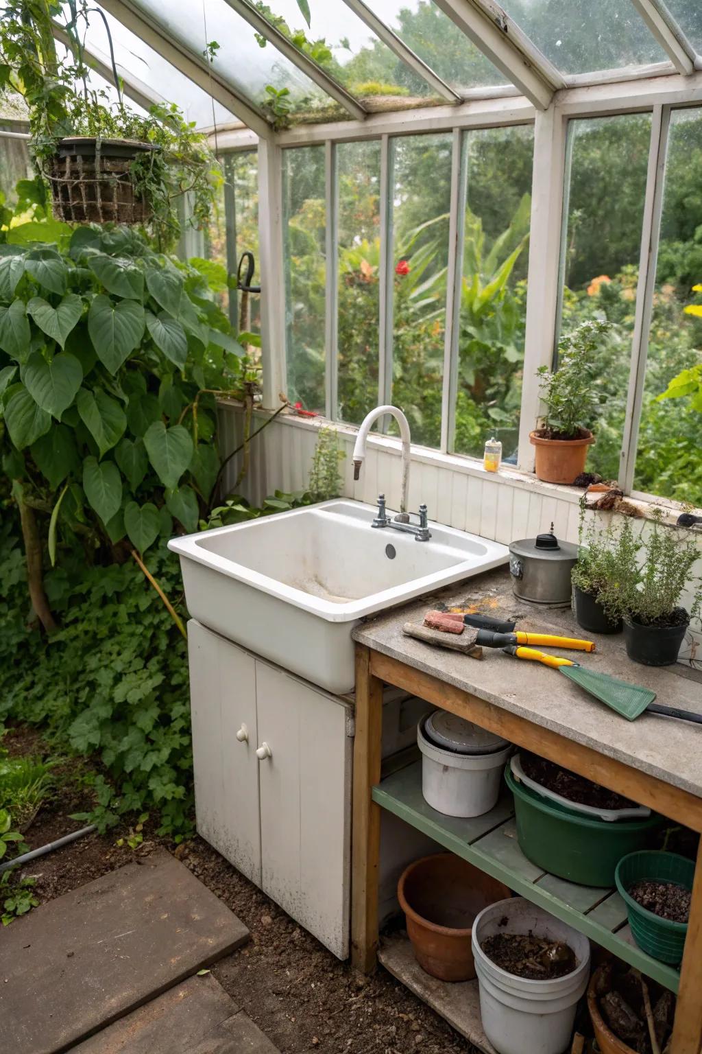 A space-efficient corner sink optimizes space in a compact greenhouse.