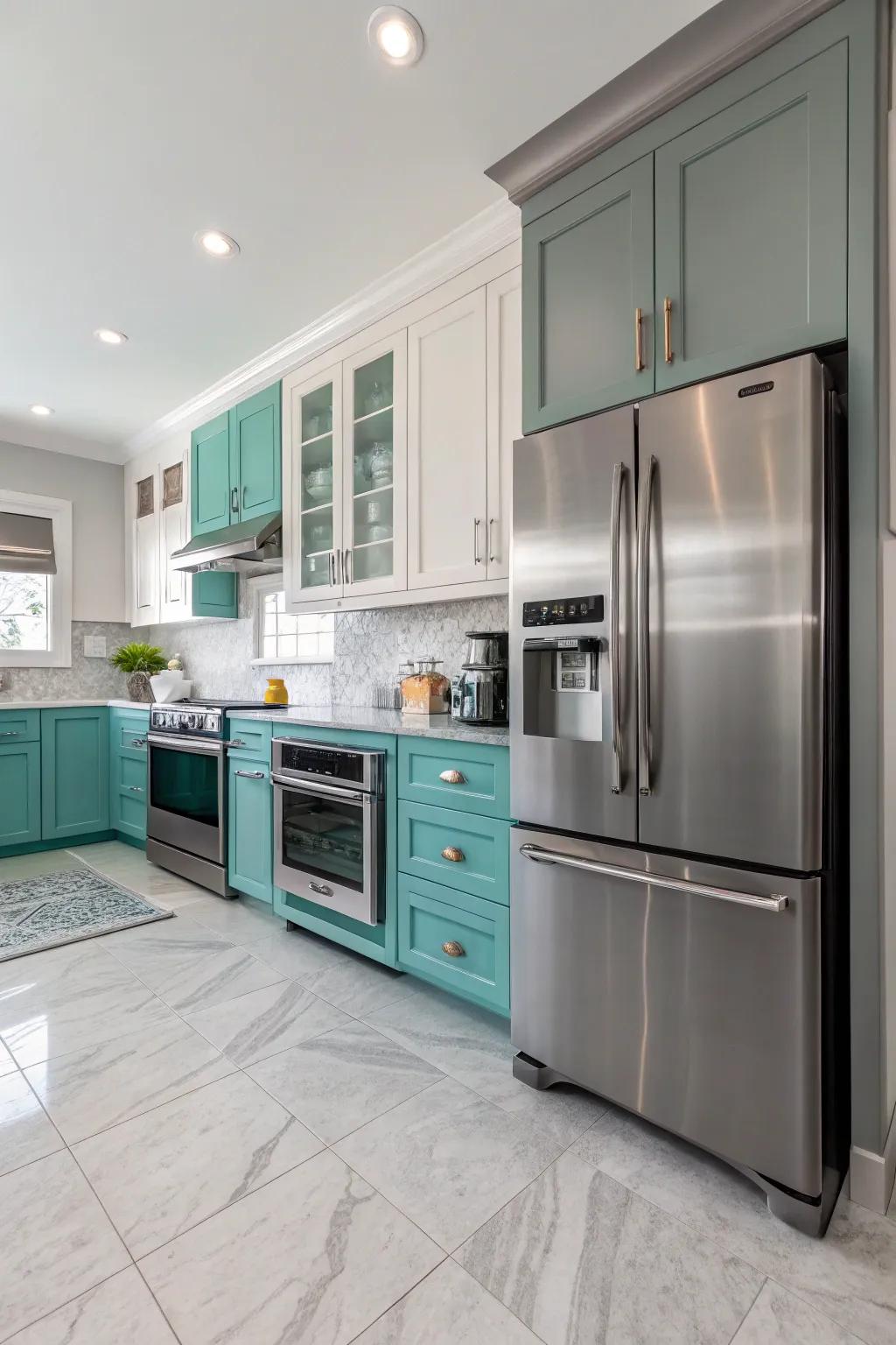 Metallic steel appliances impart a contemporary vibe to the color arrangement.