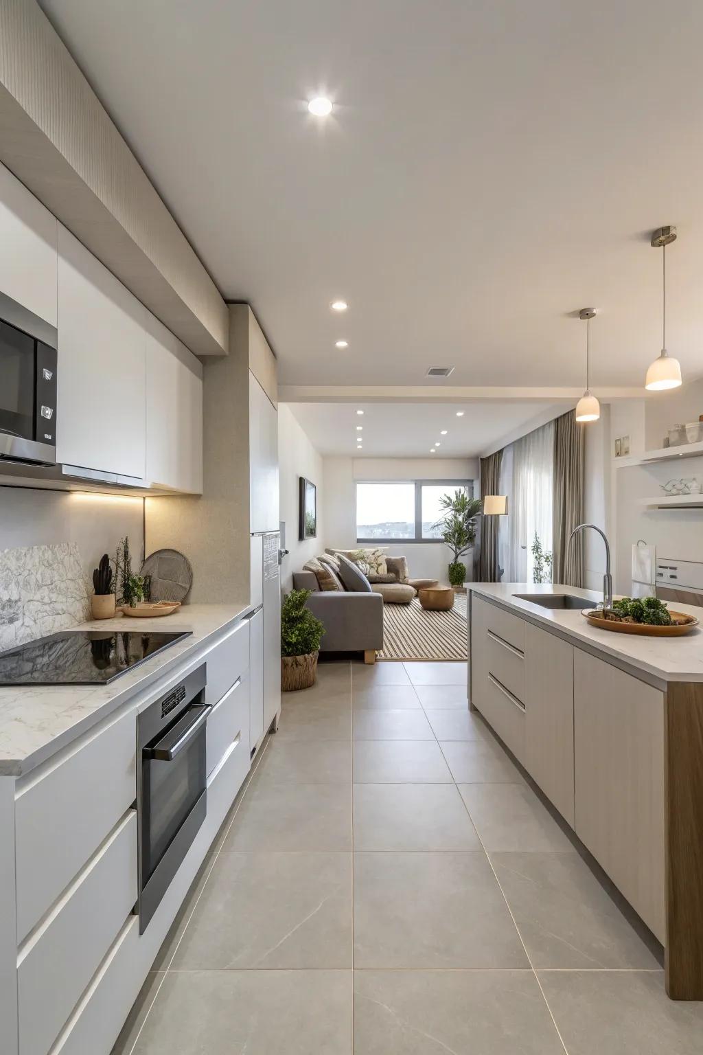 Minimalist design ensures a seamless transition from kitchen to living space.