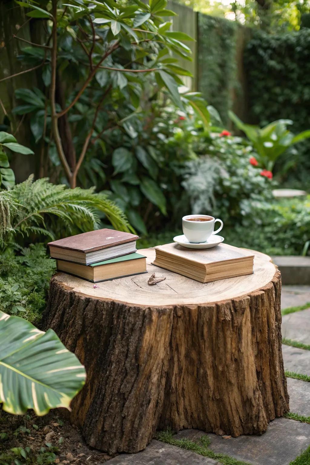 A rustic garden table crafted from a tree stump.