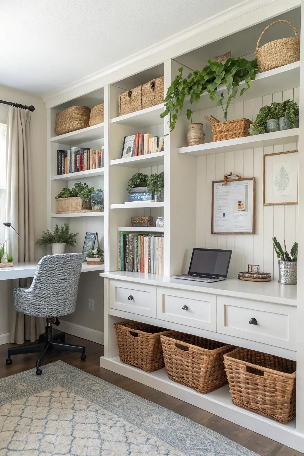 Effective storage solutions ensure your workspace is well-organized and stylish.
