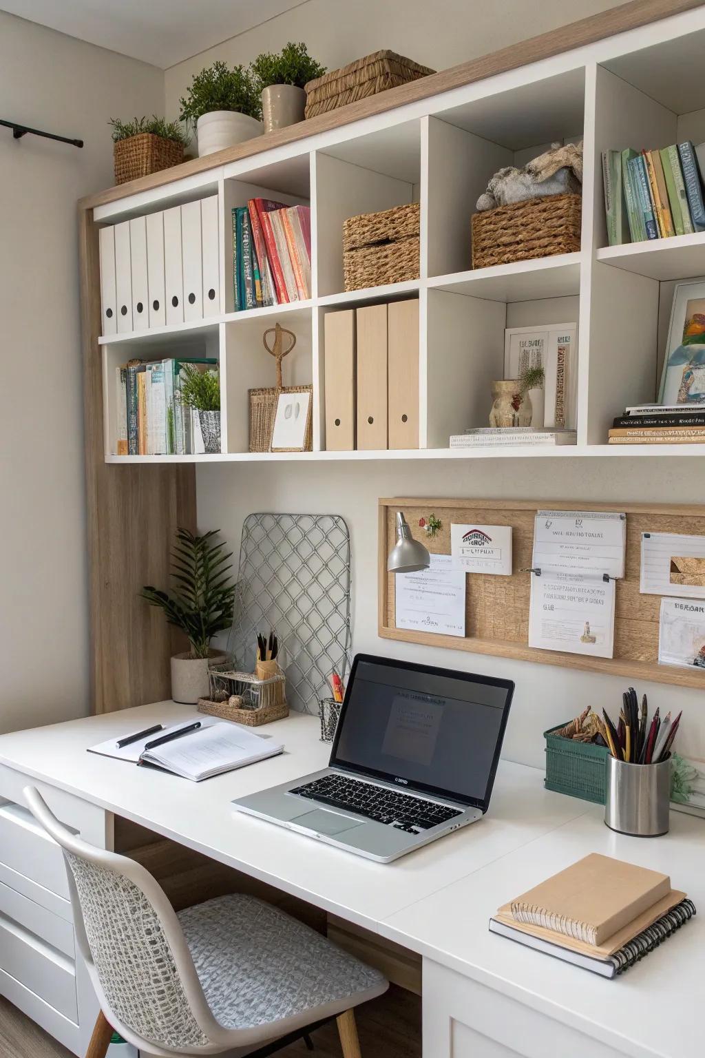 Built-in desk shelves streamline your workspace.