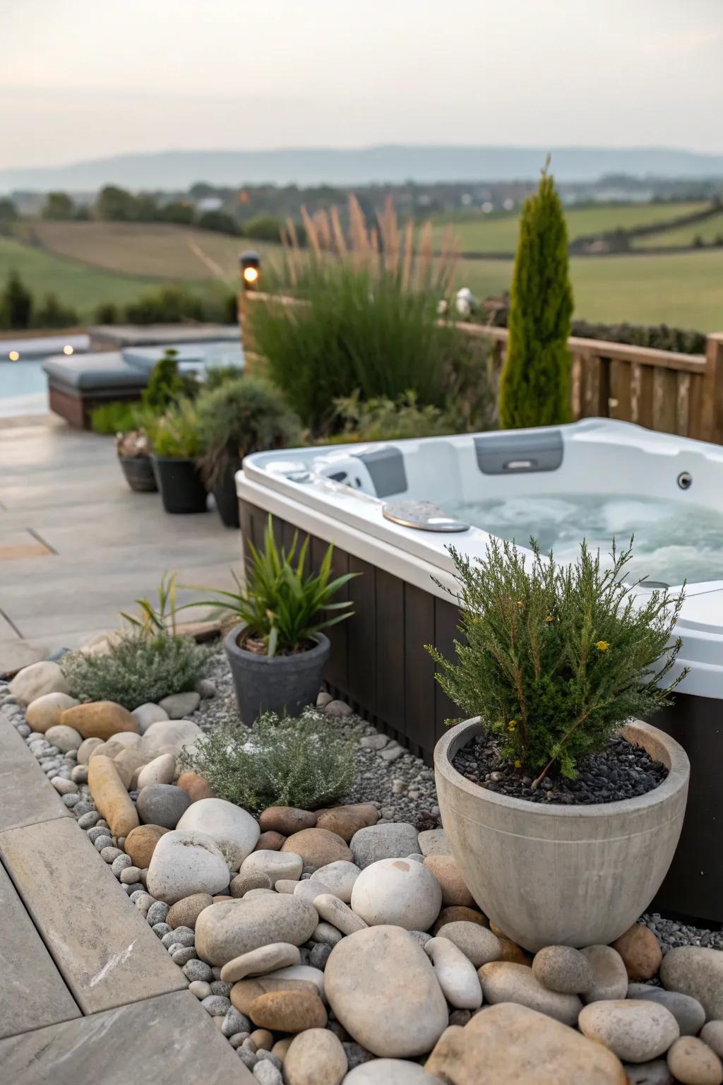 Decorative rocks and planters add charm to the hot tub setting.