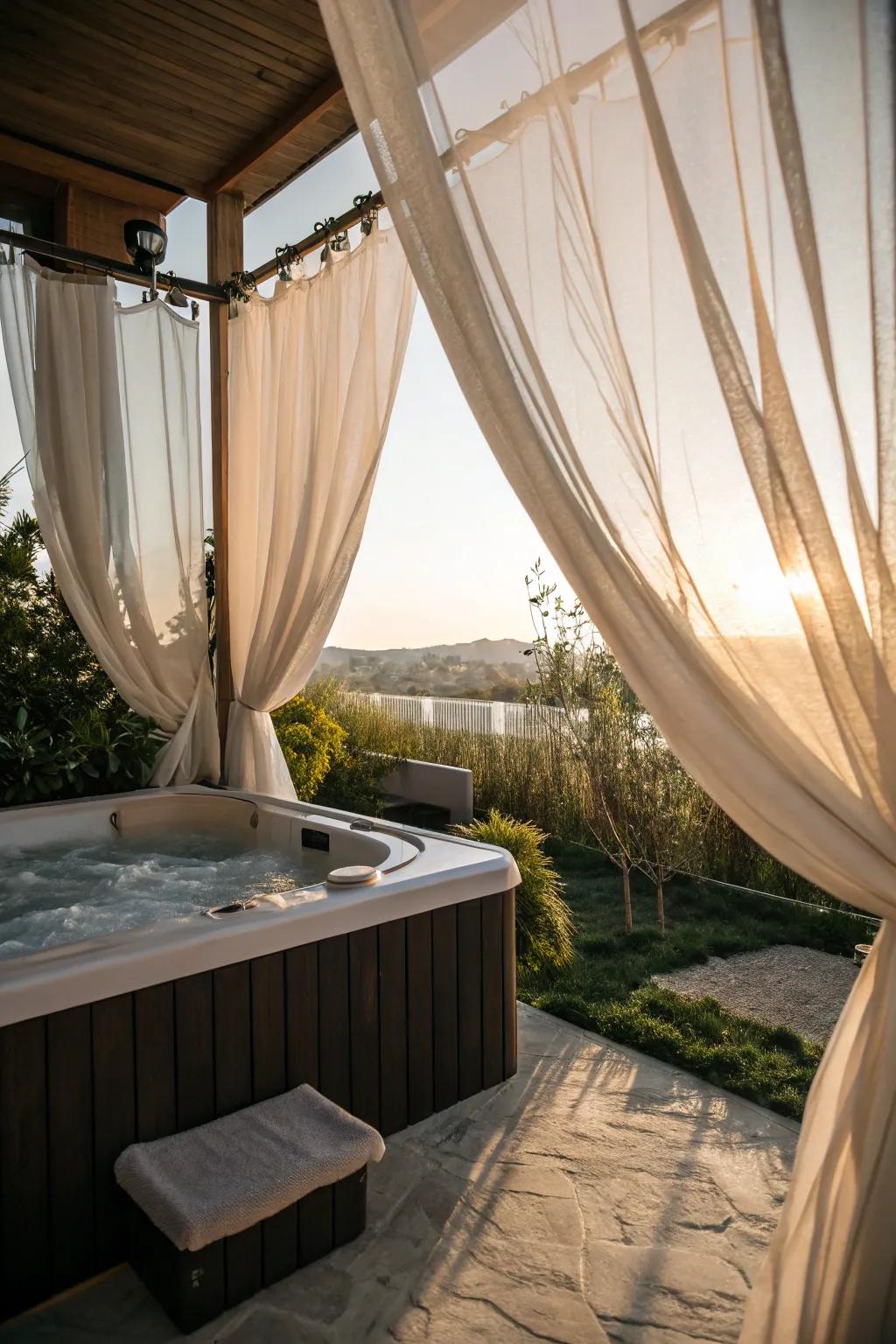 Outdoor drapes offer customizable privacy and a gentle, refined aesthetic.